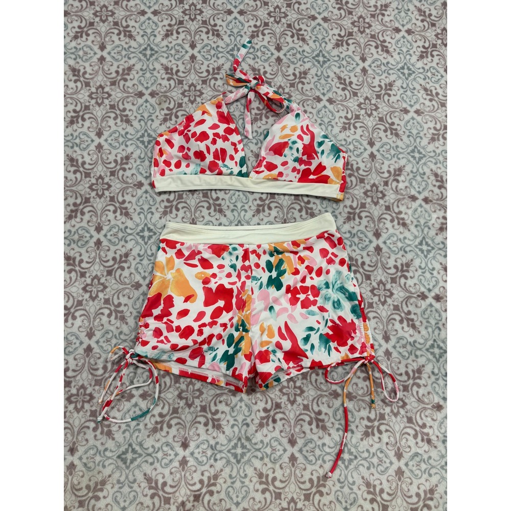 Floral Abstract Halter Bikini Top and Swim Shorts Set Multicolor Large